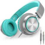 AILIHEN C8 Headphones with Microphone and Volume Control Folding Lightweight Headset for Cellphones Tablets Smartphones Laptop Computer PC Mp3/4 (Grey/Mint)