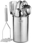 Stainless Steel Kitchen Utensil Set – 10 piece premium Non-Stick & Heat Resistant Kitchen Gadgets, Turner, Spaghetti Server, Ladle, Serving Spoons, Whisk, Tungs, Potato Masher and Utensil Holder