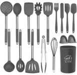 Silicone Cooking Utensil Set, AILUKI Kitchen Utensils 17 Pcs Cooking Utensils Set,Non-stick Heat Resistant Silicone,Cookware with Stainless Steel Handle – Grey