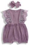 KCSLLCA Baby Girls Lace Romper Set Ruffle Sleeve Solid Color Onesie with Headband