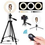 10” LED Selfie Ring Light with Tripod Stand and Phone Holder, TBJSM Dimmable Desktop Circle Light for Makeup/Photography/YouTube Video Shooting, Compatible with Phones and Cameras (2Pcs Tripod Stand)