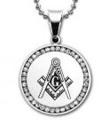 Imitation Rhodium Plated Finish Stainless Steel Masonic Freemason Pendant Medal Charm with CZ Rim & Square & Compass Includes Chain Necklace