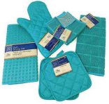 Kitchen Towel Set with 2 Quilted Pot Holders, Oven Mitt, Dish Towel, Dish Drying Mat, 2 Microfiber Scrubbing Dishcloths (Turquoise)