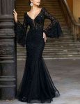 Women’s Trumpet / Mermaid Dress Maxi Long Dress – Long Sleeve Solid Color Lace Embroidered Summer V Neck Sexy Party Going out Slim 2020 Black