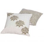 18 x 18 Hand Block Printed Cotton Pillow with Floral Details, Set of 2, Gold & Beige – By Casagear Home