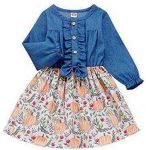 Infant Toddler Baby Girls Thanksgiving Dress Ruffled Button Pumpkin Turkey Printed Bowknot Long Sleeve Denim Fall Skirt