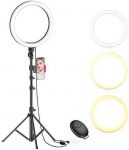 10″ Selfie Ring Light with Tripod Stand & Phone Holder for Live Stream/Makeup, Dimmable Led Camera Beauty Ringlight for YouTube TikTok/Photography Compatible with Cell Phone(Upgraded)