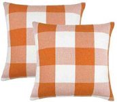 4TH Emotion Set of 2 Farmhouse Buffalo Check Plaid Throw Pillow Covers Cushion Case Cotton Linen for Fall Thanksgiving Home Decor Orange and White, 18 x 18 Inches