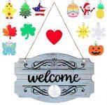 Interchangeable Seasonal Welcome Sign Front Door Decor Rustic Wood Welcome Sign Wall Hanging Porch Decoration for Fall Christmas Easter Valentines Thanksgiving, 14 x 9 Inch (White with Black Letters)
