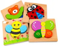 SKYFIELD Wooden Animal Puzzles for Toddlers 1 2 3 Years Old, Boys & Girls Educational Toys Gift with 4 Animals Patterns, Bright Vibrant Color Shapes, Customized Gift Box Ready