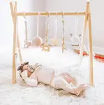 Funny Supply Wooden Baby Gym with 6 Gym Toys Foldable Baby Play Gym Frame Activity Center Hanging Bar Newborn Gift