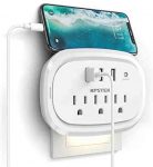 USB Wall Charger Outlet Extender, KPSTEK Multi Plug Outlet Splitter Adapter with 3 USB Ports and Night Light, Home Office Accessories with 900J, White – KS169