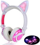 Cute On-Ear Headphones for Girls (4-20 Ages) Foldable Noise Isolating Cat Headphones with Light Up LED Wired Earphones for iPad Tablet PC Computer Mobile Phones Xmas Gift (Pink)