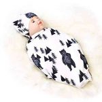 Newborn Swaddle Blanket with Beanie Set,Soft Stretchy Cocoon Sack for 0-3 Months Baby Boys and Girls(Ink Bear)