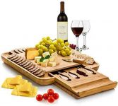 Premium Bamboo Cheese Board Set – Valentine’s Day Gift Charcuterie Board Platter and Knife Set with Hidden Slid-Out Drawer – Perfect Choice for Housewarming, Wedding Present