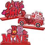 Sumind 3 Valentine’s Table Decoration Signs Be Mine Sign Love Happy Valentine Table Centerpiece Truck Sign Wooden Party Decorations for Holiday Valentine’s Dinner Party Coffee