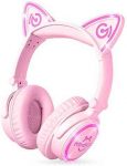 MindKoo Bluetooth Headphones, Over-Ear Wireless Headphones, Cat Ear Headphones with LED Light, Foldable, Built-in Microphone and Volume Control for PC/Cell Phones/Kids/Teen/Boys/Girls/Adults, Pink