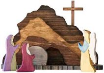 Wooden Nativity Set, Easter Scene Wooden Decoration, Easter Decor Wooden Cross Resurrection Scene Decor, Risen Christ Figurine, Easter Table Ornament Crafts (A)