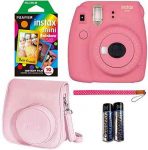 Fujifilm Instax Mini 9 Instant Camera – Flamingo Pink, Fujifilm Instant Mini Rainbow Film, and Fujifilm Instax Groovy Camera Case – Pink