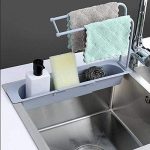 Telescopic Sink Storage Rack Holder Expandable Household Storage Drain Basket Rack Adjustable Sink Organizer Holder Ventilated Sponge Soap Holder Drainer Sink Tray,for Home Kitchen (Grey)