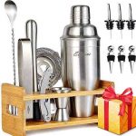 Cocktail Shaker Set Bar Set – Gifts for Dad, Cocktail Set Bar Tools Bartender Kit, Reward Stylish Bamboo Stand & Recipes Booklet, 14pcs Drink Mixer Set, Upgraded Stainless Steel Cocktail Shaker Set