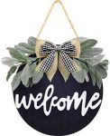 Welcome Wreath Sign for Farmhouse Front Porch Decor, Rustic Door Hangers Front Door with Premium Greenery-Welcome Home Sign Porch Hanging Christmas Housewarming for Home Decoration(Black)