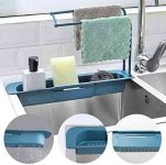 Telescopic Sink Storage Rack, Searik Adjustable Drainer Sink Tray Sponge Soap Holder Sink Caddy Organizer Holder Dish Cloth Hanger Storage Drain Basket for Home Kitchen (Blue)