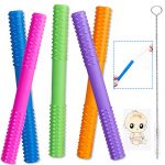 Hollow Teether Tubes, Honboom Soft Silicone Teething Tubes, 5 Pack Baby Soothing Teether Toy, Chew Straw Toy for Babies 0-12 Months with a Cleaning Brush, Dishwasher Safe (6.8in)