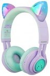 Kids Headphones, Riwbox CT-7S Cat Ear Bluetooth Headphones 85dB Volume Limiting,LED Light Up Kids Wireless Headphones Over Ear with Microphone for iPhone/iPad/Kindle/Laptop/PC/TV (Purple&Green)