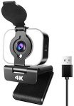 Webcam, USB Webcam with Microphone Privacy Cover 4K UHD Built-in Ring Light Streaming Webcams for PC, MAC, Laptop, Plug and Play Web Camera for Video Calling, Study, Conference, Gaming, Online Classes