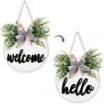 AerWo Interchangeable Welcome Sign Front Door Decor, Rustic Wood Hello Sign Hanging Front Door Wreath with Buffalo Plaid Bow for Spring Housewarming Gifts Farmhouse Home Decorations