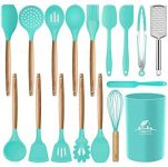 Mibote 17 Pcs Silicone Cooking Kitchen Utensils Set with Holder, Wooden Handles Cooking Tool BPA Free Non Toxic Turner Tongs Spatula Spoon Kitchen Gadgets Set for Nonstick Cookware (Teal)