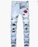 Iynnijoy Mens Ripped Biker Embroidered Jeans Distressed Destroyed Straight Fit Washed Moto Denim Jeans