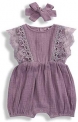 KCSLLCA Baby Girls Lace Romper Set Ruffle Sleeve Solid Color Onesie with Headband