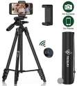 Lightweight Tripod 55-Inch, Travel/Video/Phone/Camera Tripod Stand with Bluetooth Remote, Phone Clip, Carry Bag and Replacement Battery for Travel/YouTube Video/Photography/Vlog