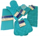 Kitchen Towel Set with 2 Quilted Pot Holders, Oven Mitt, Dish Towel, Dish Drying Mat, 2 Microfiber Scrubbing Dishcloths (Turquoise)