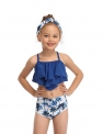 Kids Toddler Girls’ Active Cute Tropical Leaf Floral Geometric Color Block Ruffle Print Sleeveless Swimwear Blue