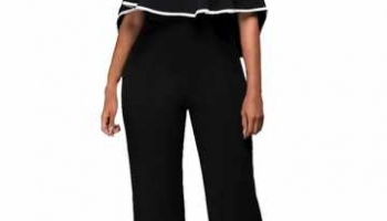 Womens Off Shoulder Ruffled High Waist Palazzo Jumpsuit Black | PinkQueen