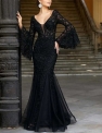Women’s Trumpet / Mermaid Dress Maxi Long Dress – Long Sleeve Solid Color Lace Embroidered Summer V Neck Sexy Party Going out Slim 2020 Black